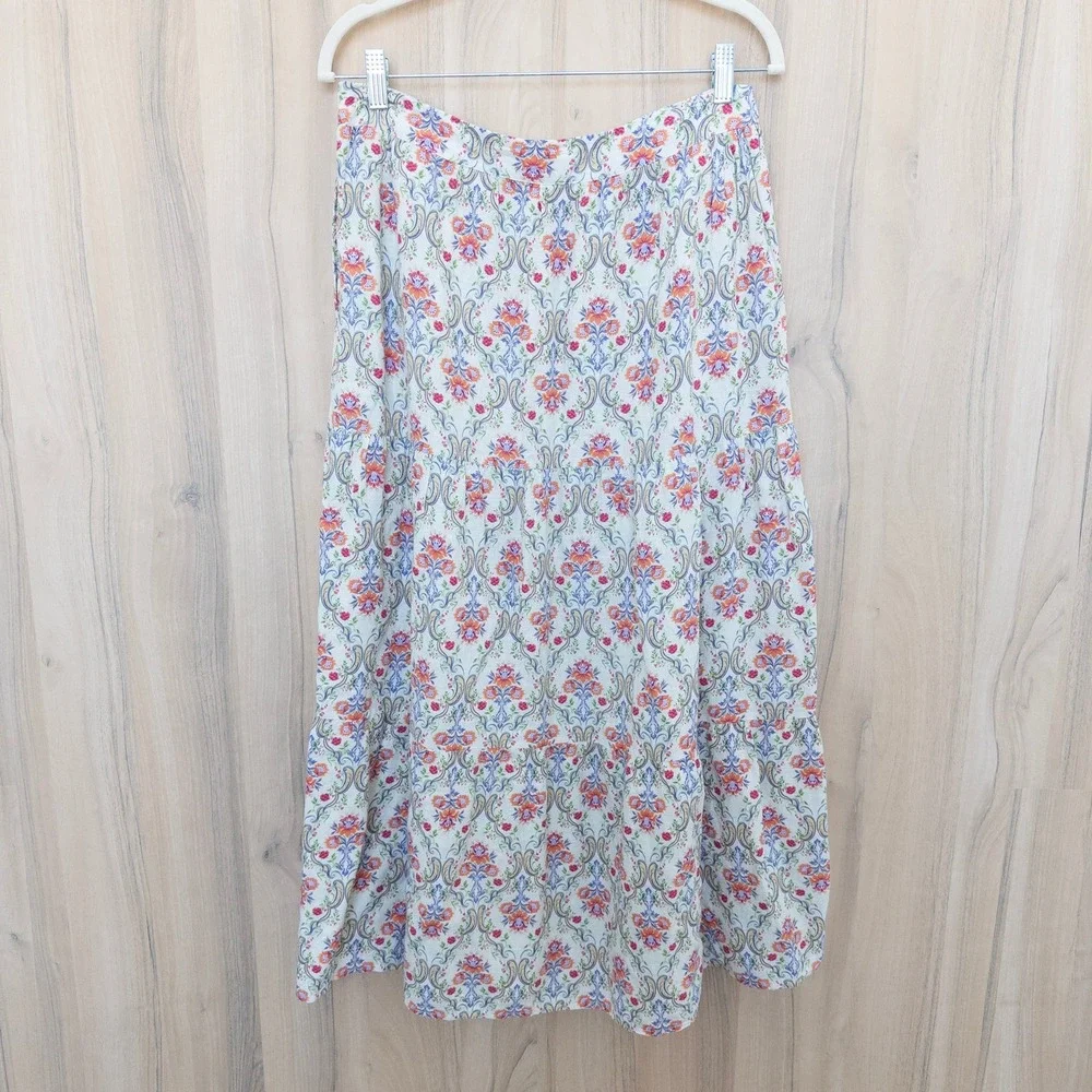 Cynthia Rowley Linen Maxi Skirt Medium Floral Damask Tiered Boho Cottage Coastal